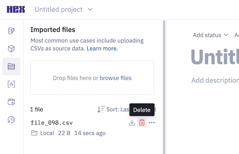 Deleting a file from a project in the Files sidebar