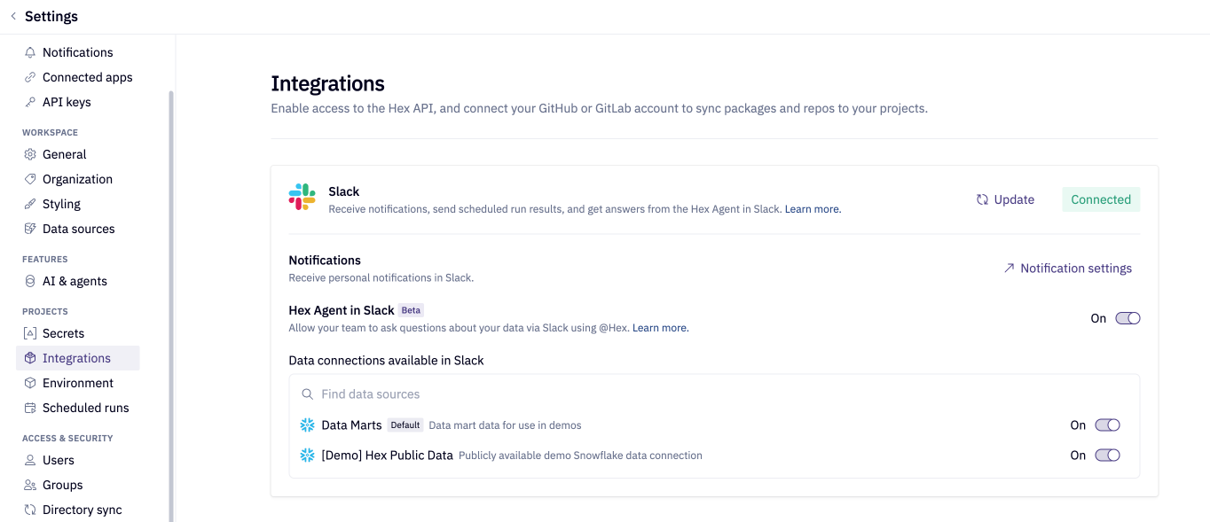 Configure data connections available in Slack in Workspace Settings