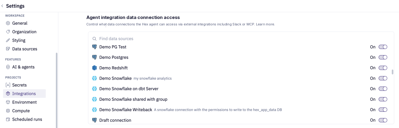 Agent integration data connection access in Workspace Settings