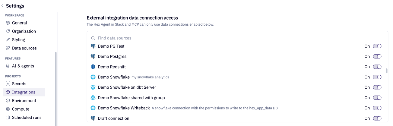External integration data connection access in Workspace Settings