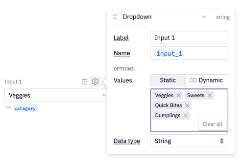 Dropdown input parameter with statis input settings open