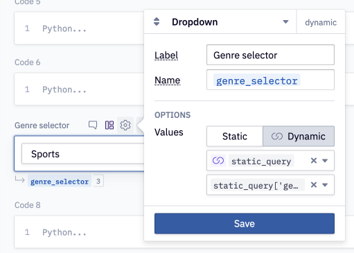 Create a dropdown menu of all unique values in the previously returned query.