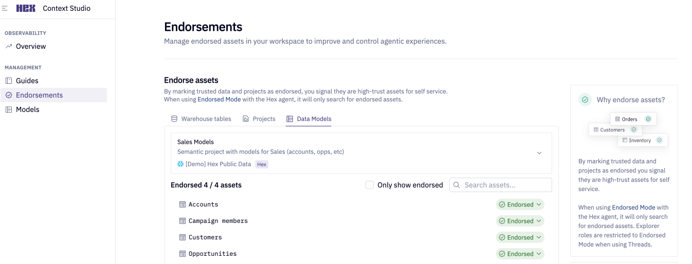 Endorse assets in context studio