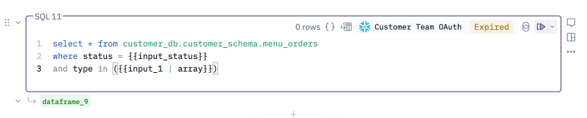 A SQL cell will display an Expired header if a user's token has expired or doesn't exist