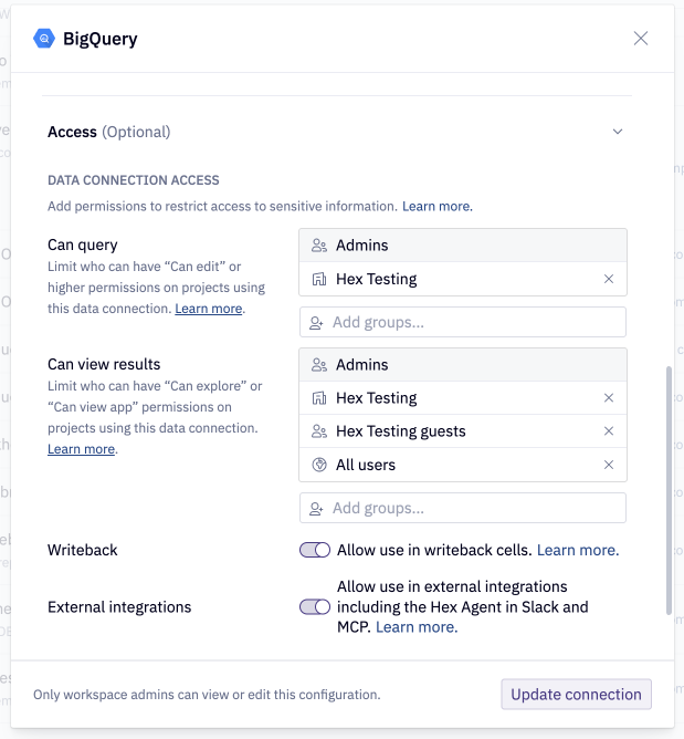 External integration data connection access in data source settings