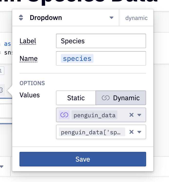 Example filled-in values of dropdown input parameter configuration