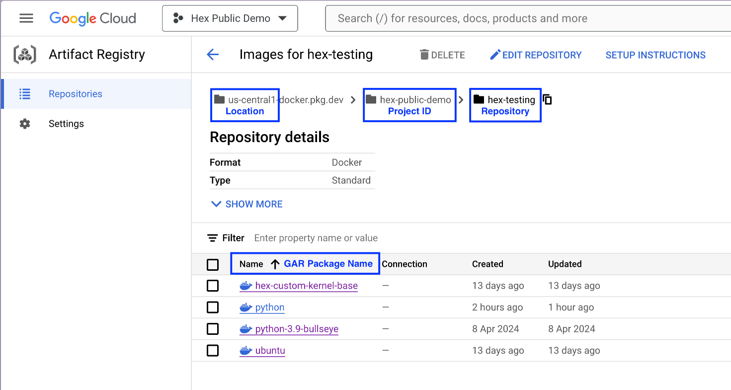 Information need to set up the Google Artifact Registry