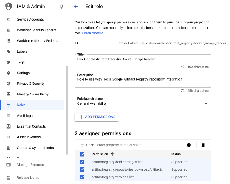 Roles for Google Artifact Registry