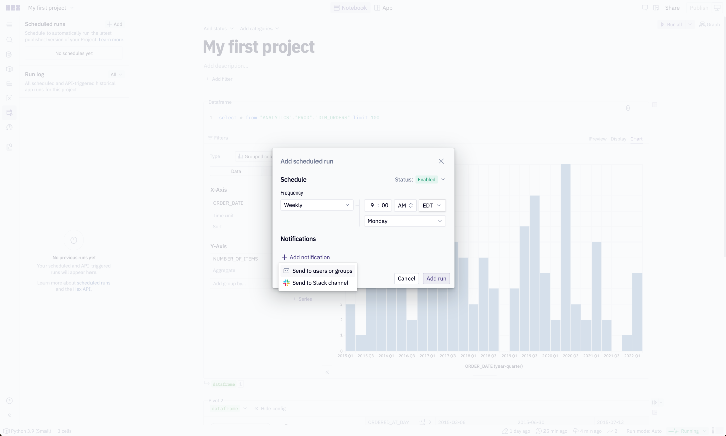 Scheduled run creation modal open over the Notebook view with the options to share via email or Slack displayed