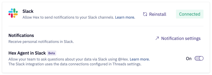 Hex Agent in Slack toggle