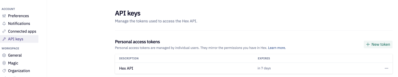 UI showing API keys page