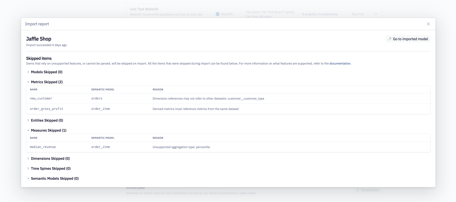 View the semantic model import status in Hex