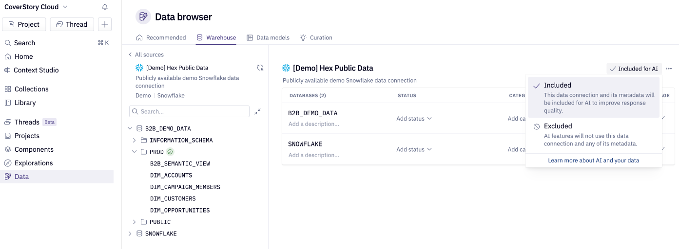 Included for AI / Excluded for AI toggle in connection settings or Data browser