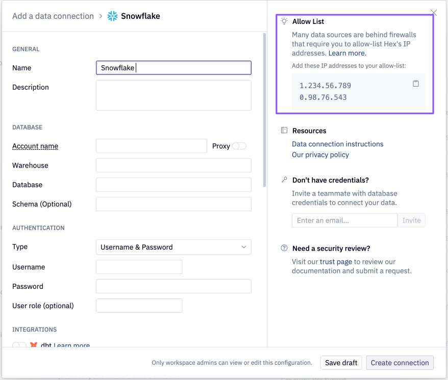 IP addresses can be seen from the add or edit data connection modal