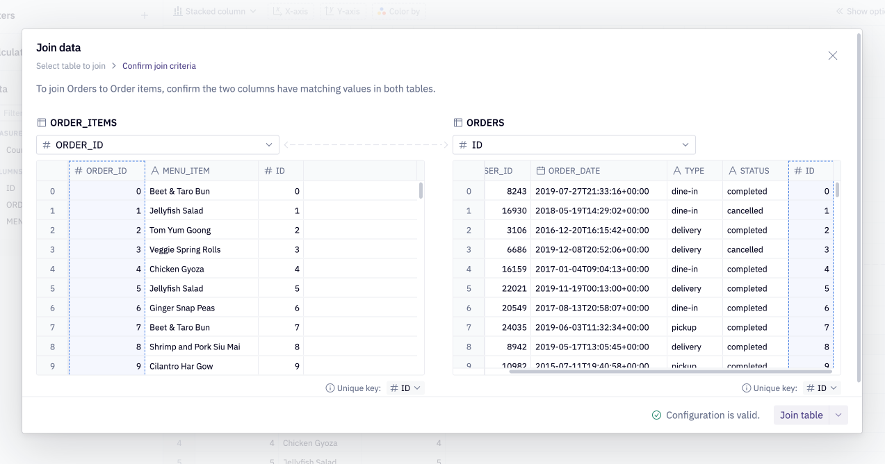 Use no-code joins to configure joins between tables.