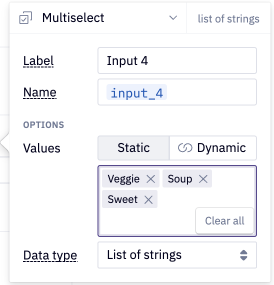 static inputs for multiselect value options: veggie, soup, sweet