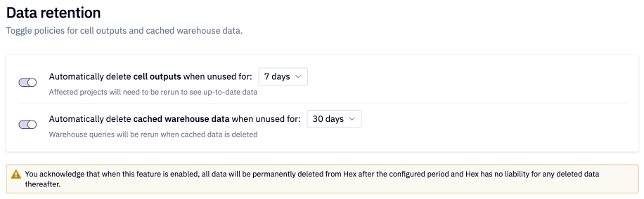 Data retention admin settings