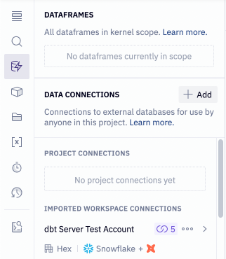 Explore a project's dataframes and data connections in the Data sources tab