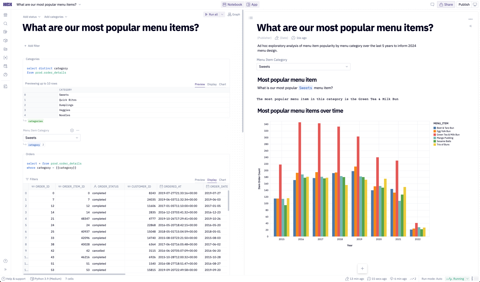 Project with Notebook view and App builder open side-by-side