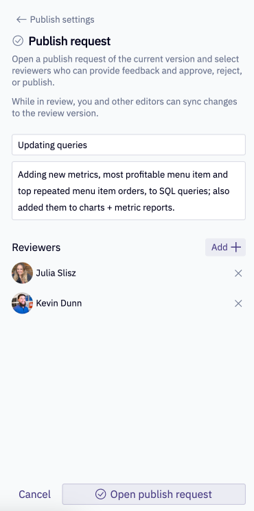 After setting request details, open the review request to send a review notification.