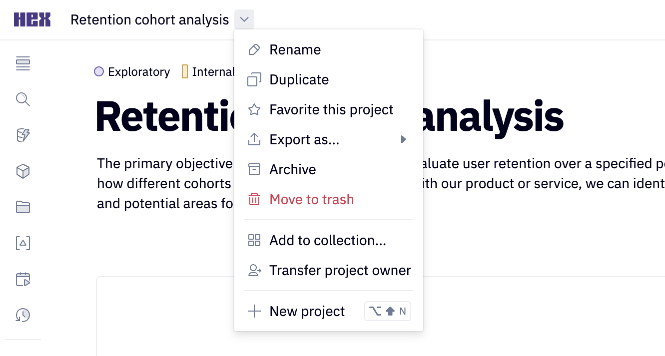 dropdown with options to rename or duplicate the project, or export the project as .ipynb file.