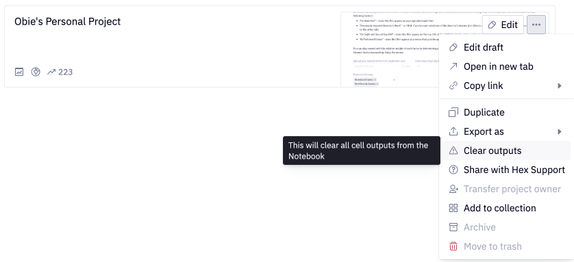 Options from projects page