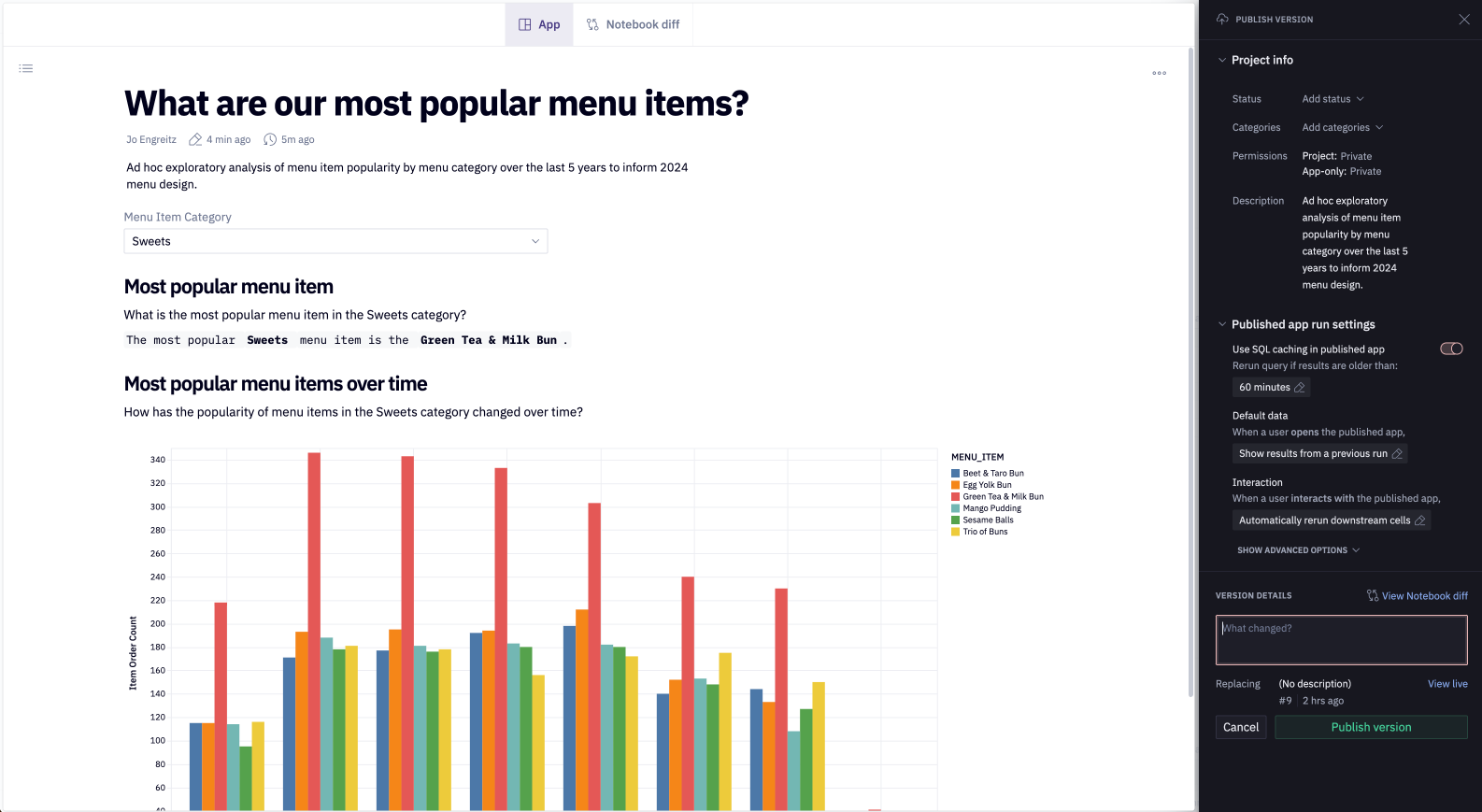 Publish modal with App preview finished running and Publish Version button available.