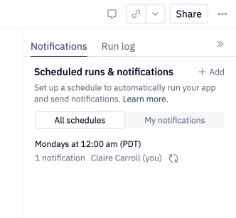 The scheduled runs and notifications sidebar in the published app