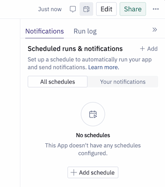 The scheduled runs and notifications sidebar in the published app