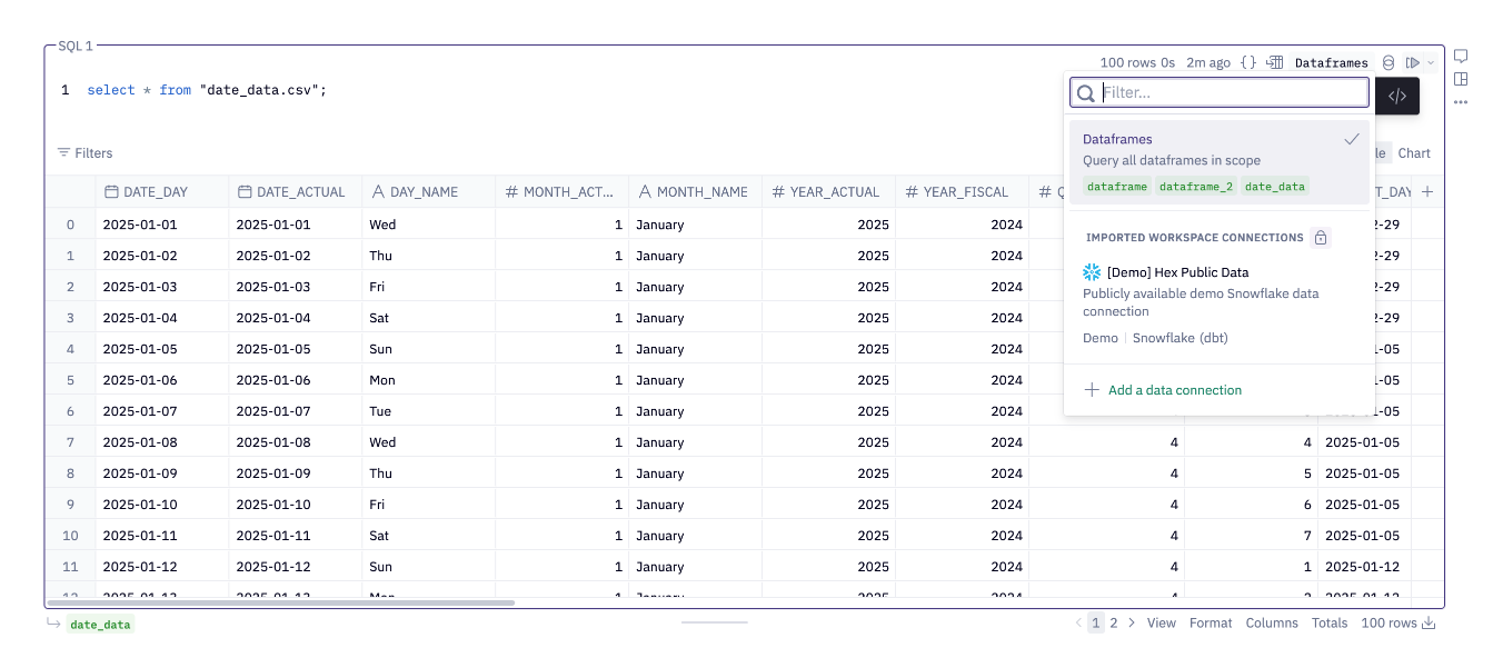 SQL cell querying a CSV file with data source dropdown open