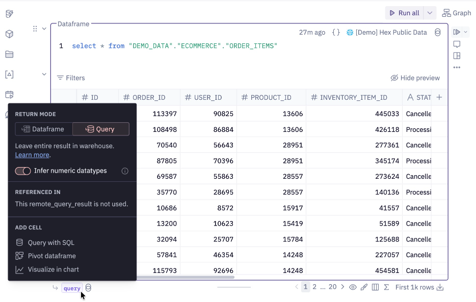 SQL cells in query mode are shown in purple