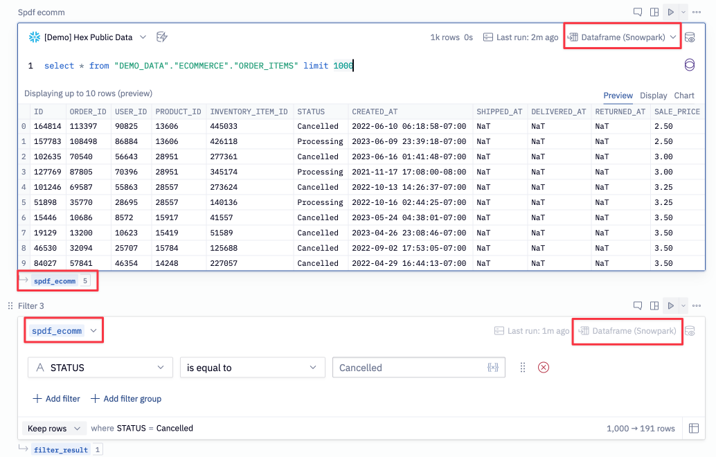 Reference Snowpark DataFrames in transformation and visualization cells.