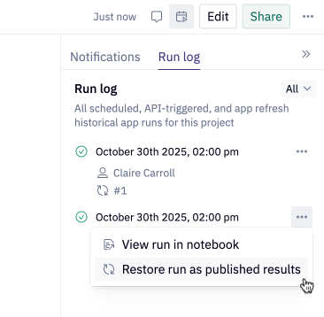Restore previous run as published results