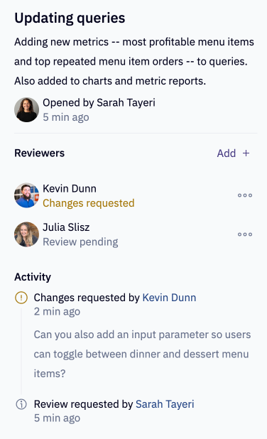 Open the review modal to see review activity on the request.