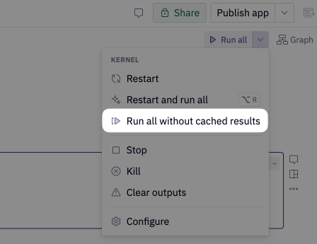 Run button dropdown with clear cache option