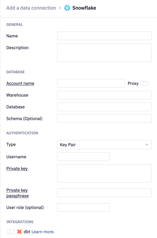 Example dialog of adding snowflake data connection to the project