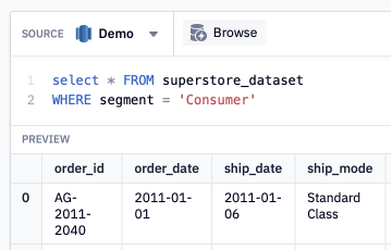 use the browse button in any sql cell to explore that data source in the schema browser