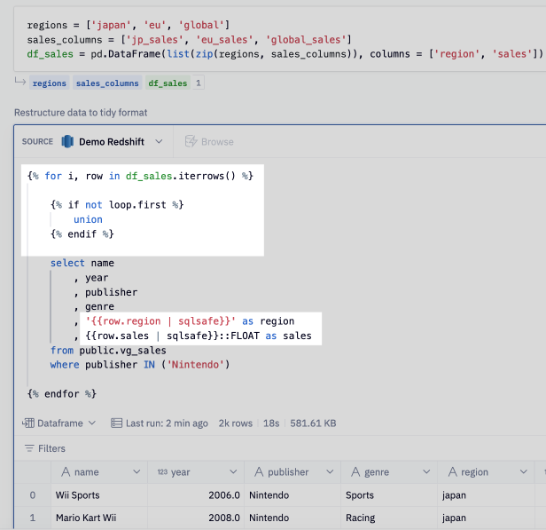 Example query using advanced Jinja references.