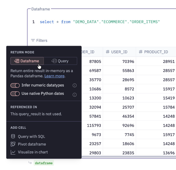 Results of a SQL cell can be returned as a dataframe or query