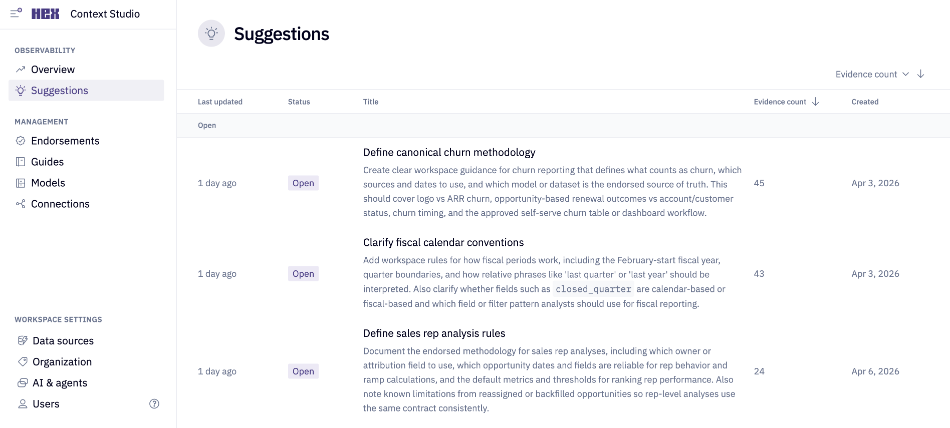 The Suggestions tab in Context Studio showing a list of open suggestions