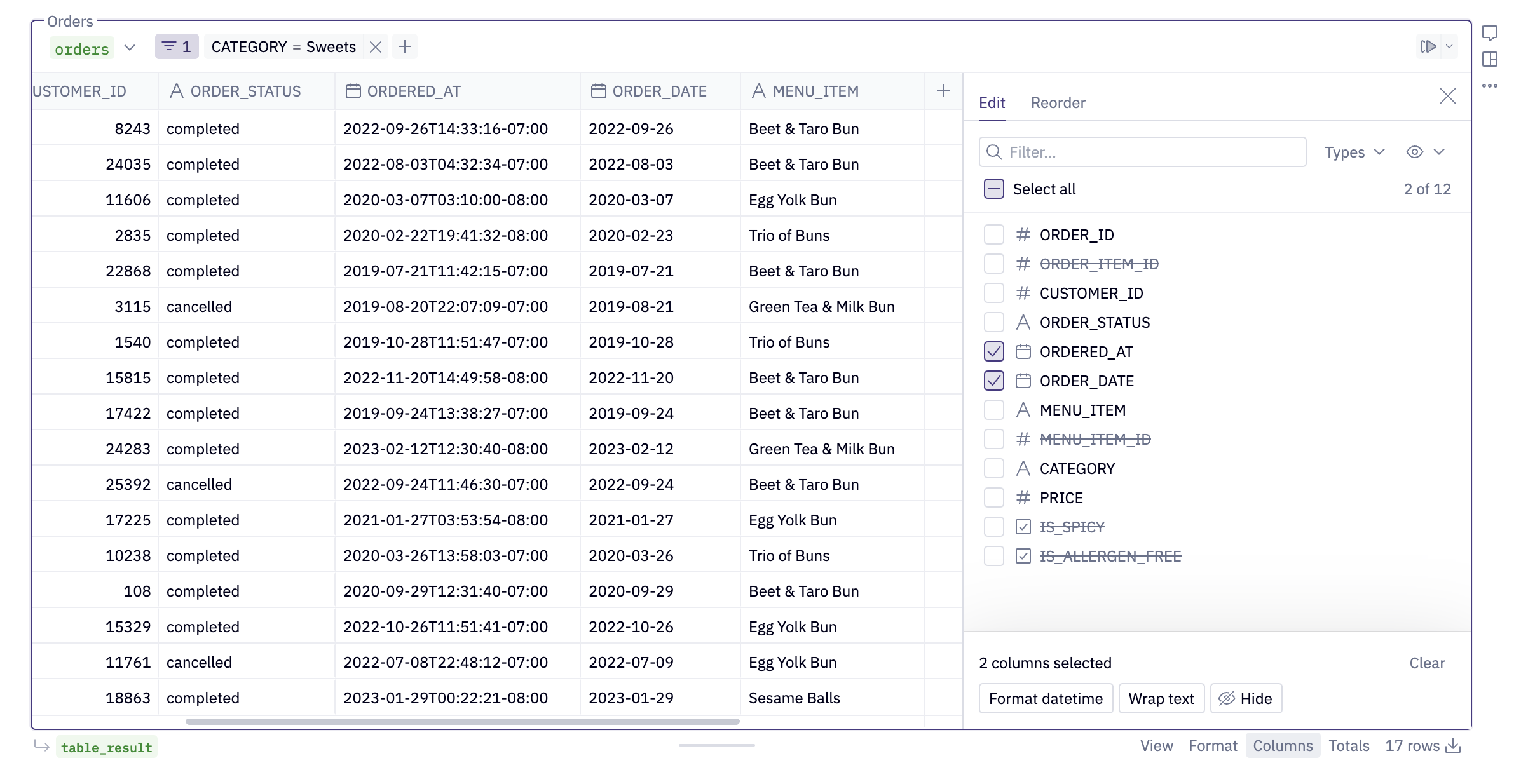 Table display cell with column formatting menu open showing options to hide, filter, wrap text, and edit format of column.