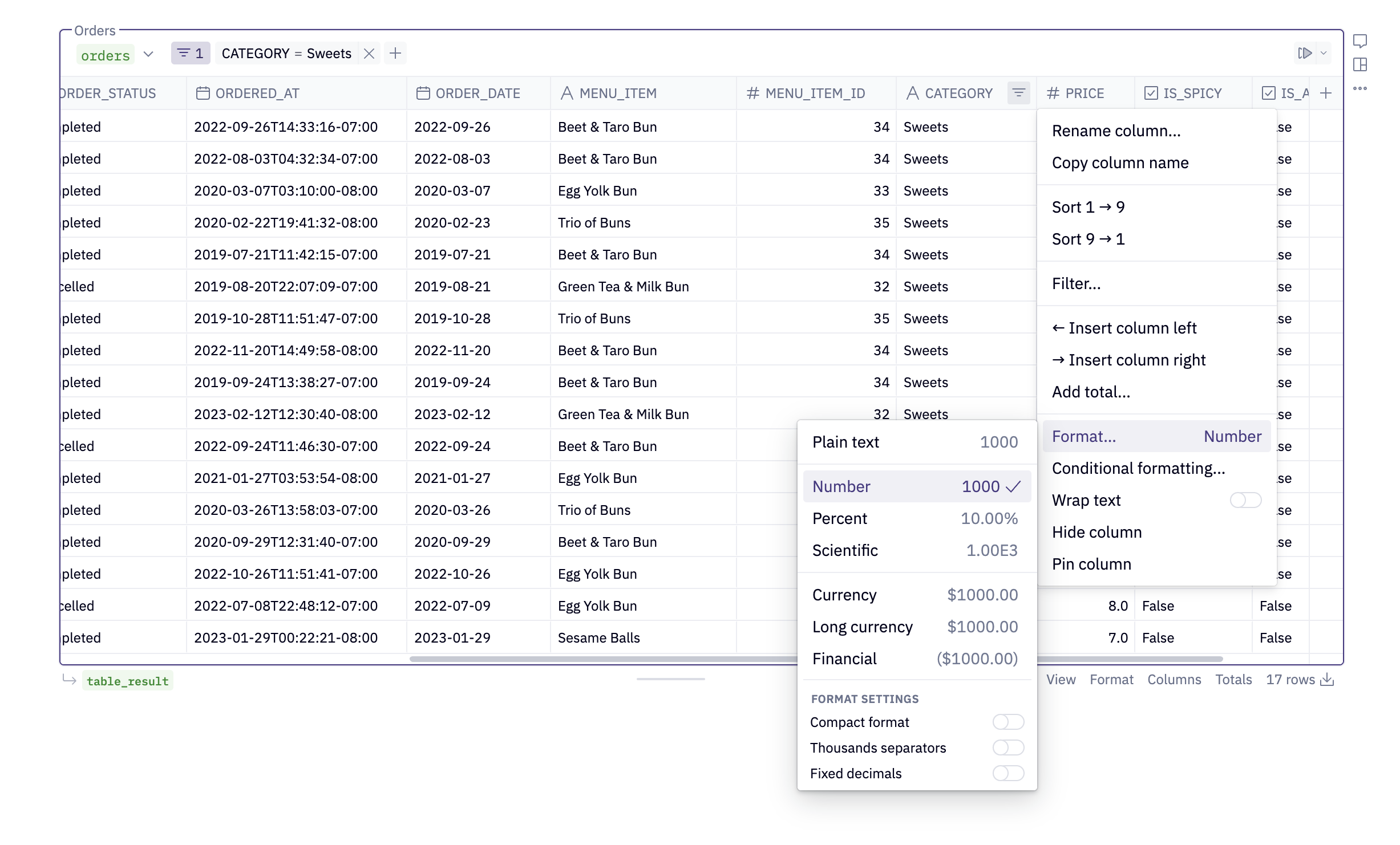 Table display cell with column formatting menu open showing options to hide, filter, wrap text, and edit format of column.