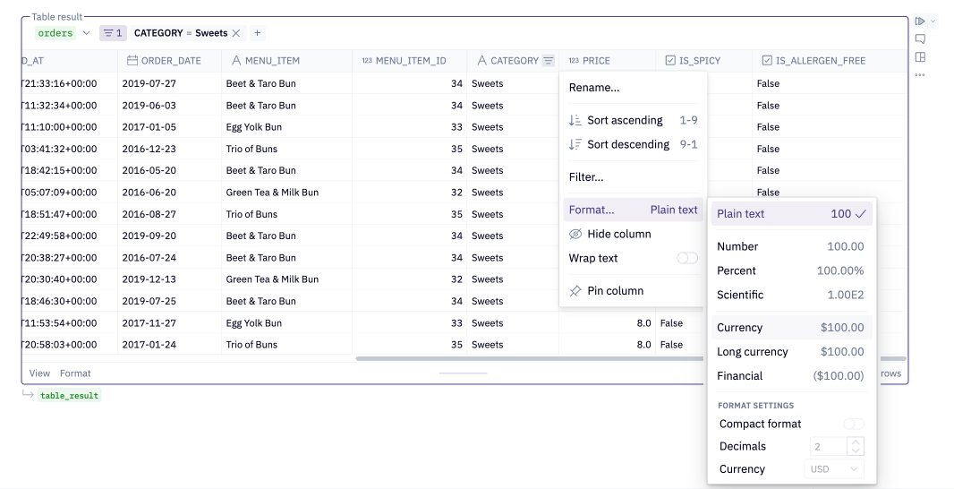 Table display cell with column formatting menu open showing options to hide, filter, wrap text, and edit format of column.