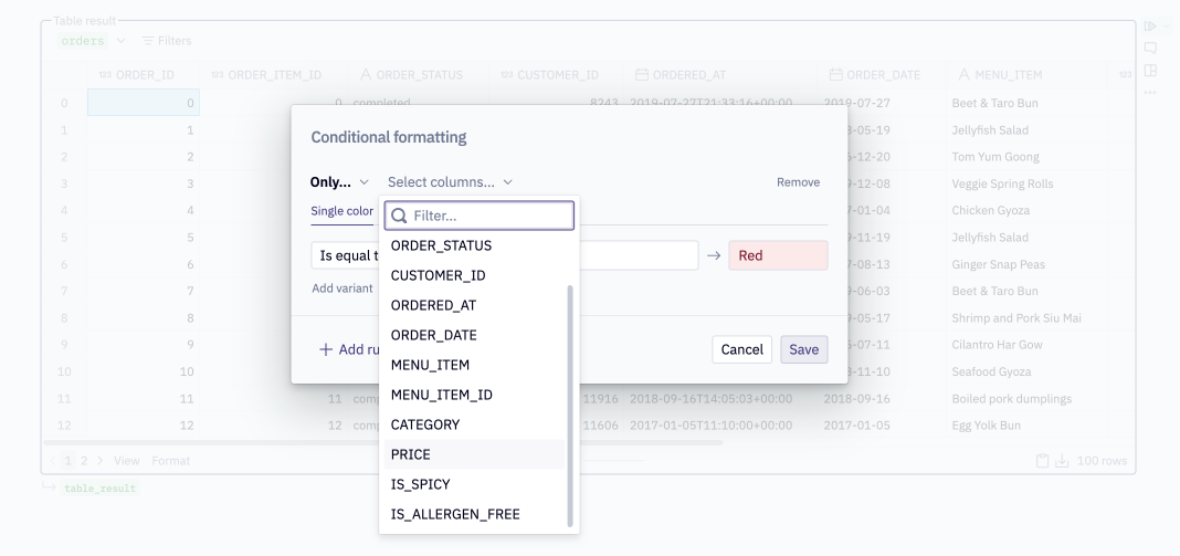 Conditional formatting modal with menu expanded to select the columns to which the rule should apply