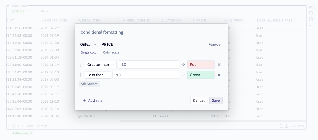 Table display conditional formatting modal with multiple variants added to a rule.