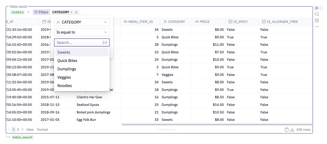 Table display filter options