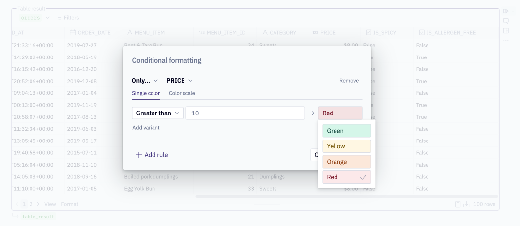 Table display conditional formatting modal with single color dropdown open for a rule.