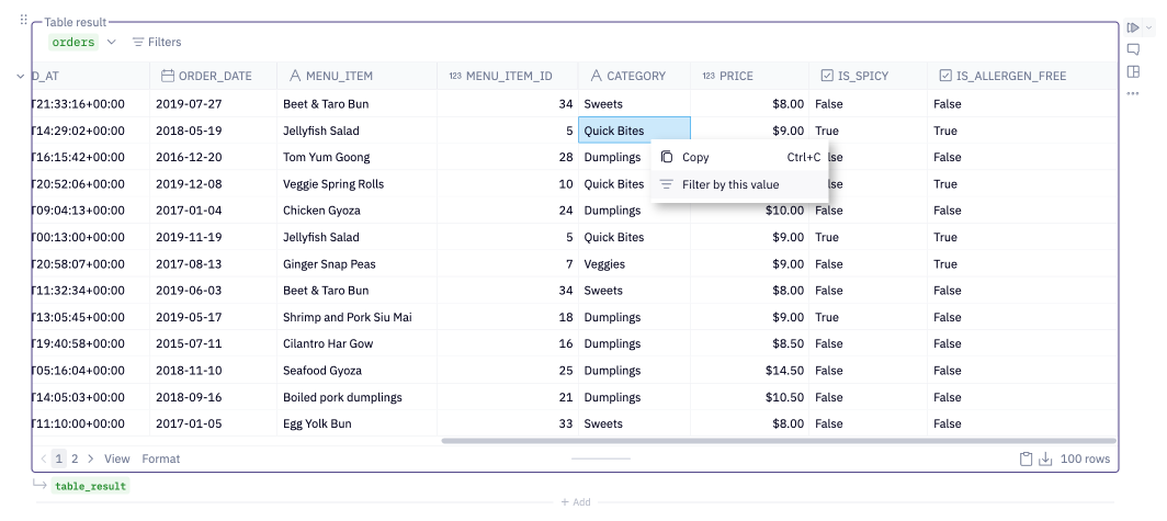 Table display filter options