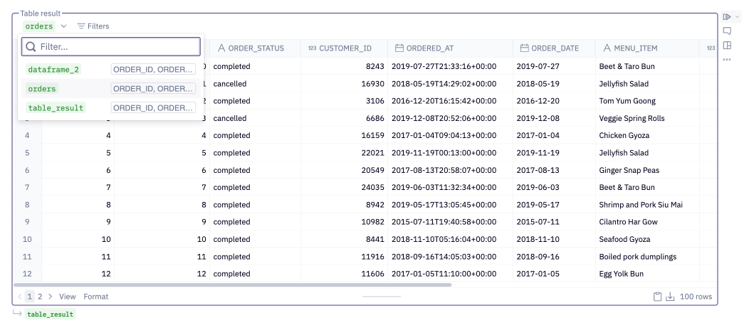 Table display cell with dataframe dropdown open