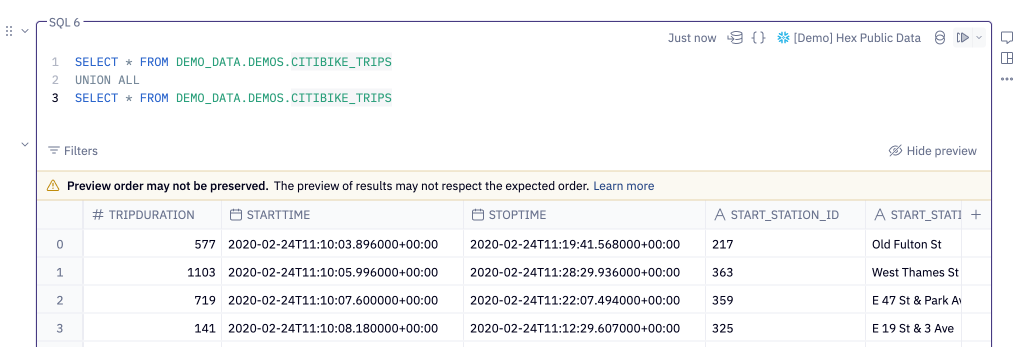 Warning shown when union query order may be incorrect